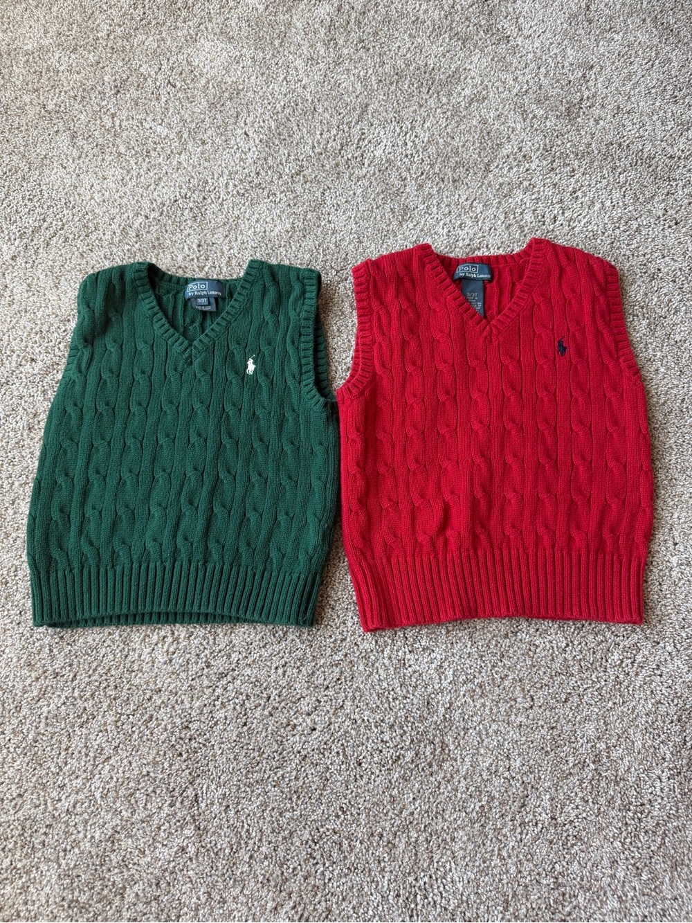2/$30 Polo by Ralph Lauren Cable-Knit V-Neck Sweater Vests Red Green set of 2 3T